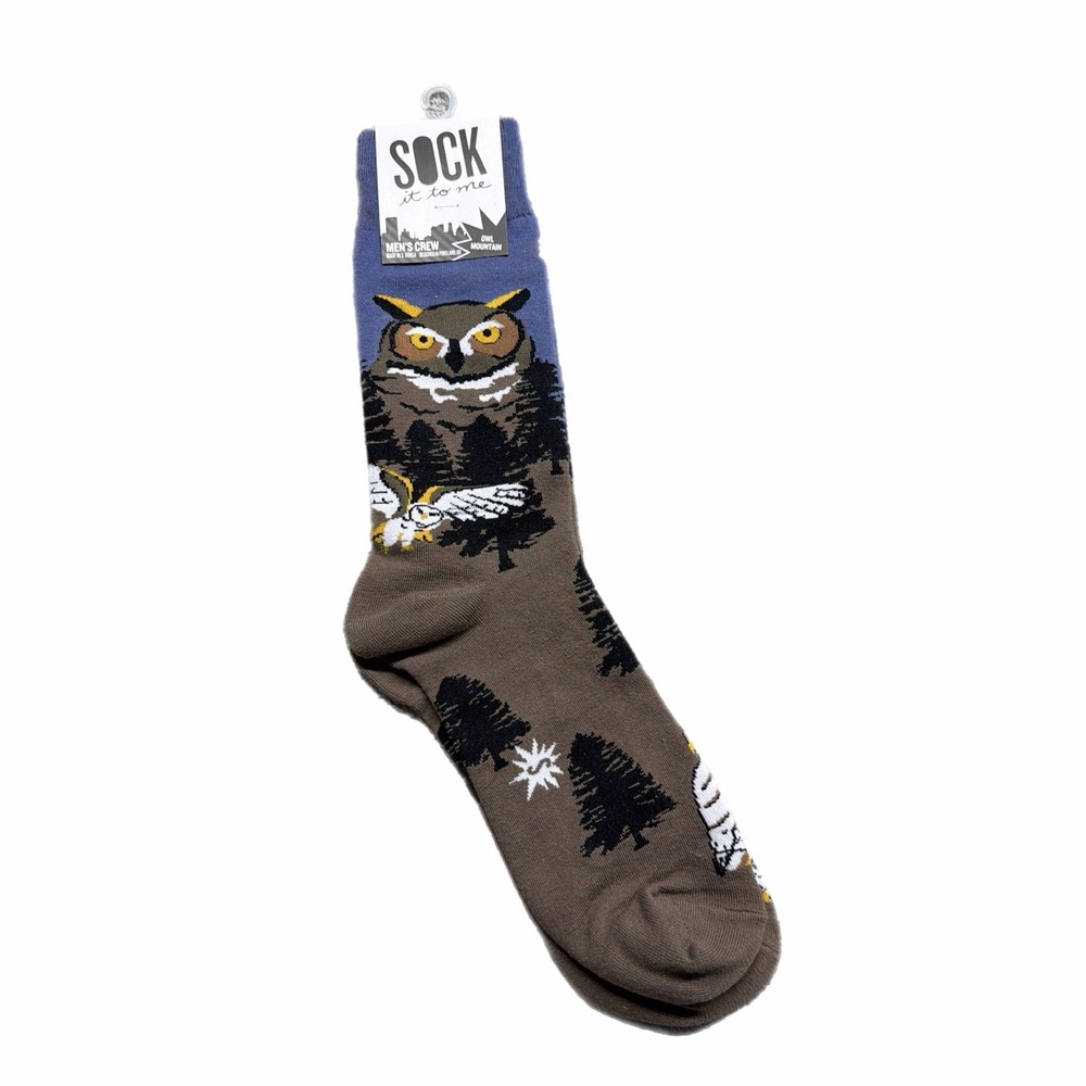 Sock It To Me Mens Crew Socks Owl Mountain Brown Blue Graphic cotton 7-13